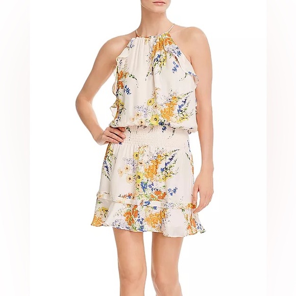 Parker Williame Silk Floral Ruffle Halter Mini Dress Small - Picture 1 of 7